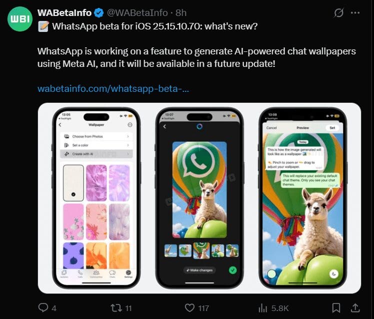 WhatsApp to Introduce AI-Generated Chat Wallpapers for iOS Users in Upcoming Beta 1 WABetaInfo's Tweet About WhatsApp's New Feature