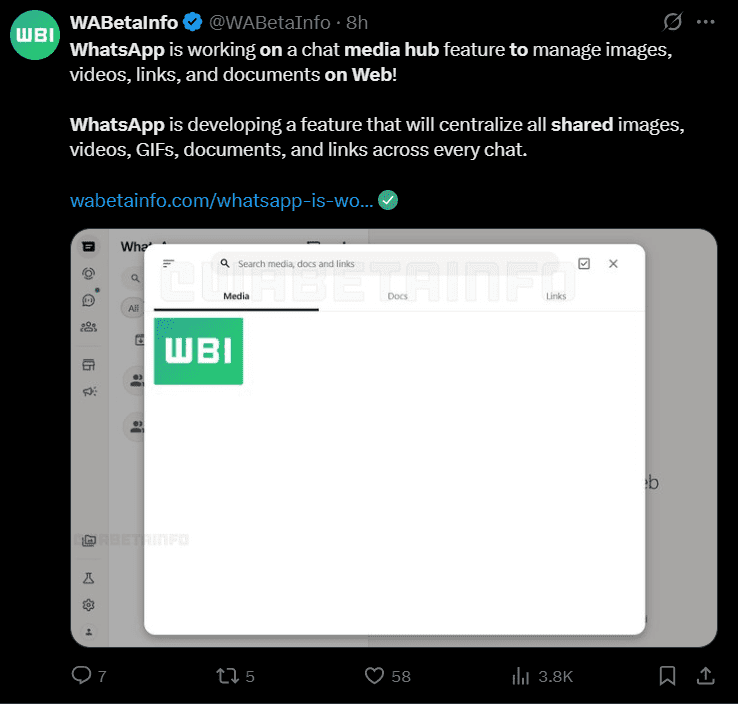 New WhatsApp Media Hub to Make File Sharing Smoother on the Web Version 1 WABetaInfo’s Tweet About WhatsApp’s Upcoming Feature