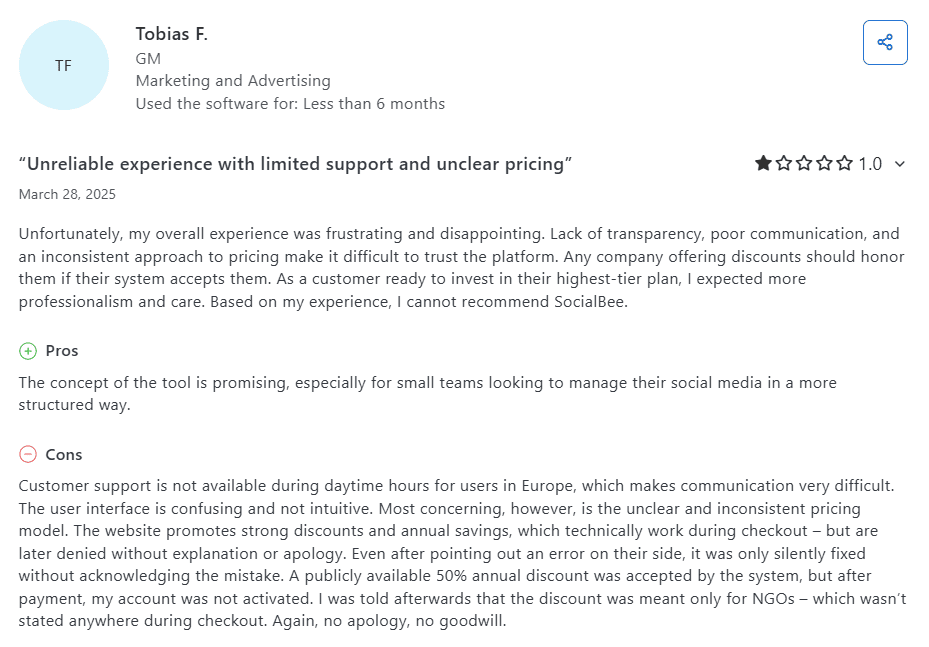 A SocialBee User Reviewed Its Customer Service