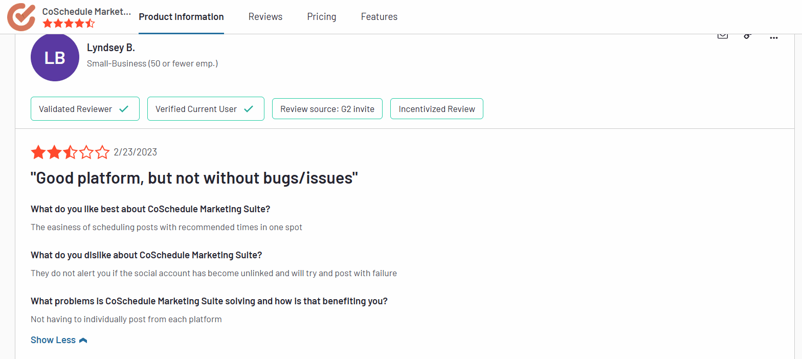 CoSchedule Review on G2