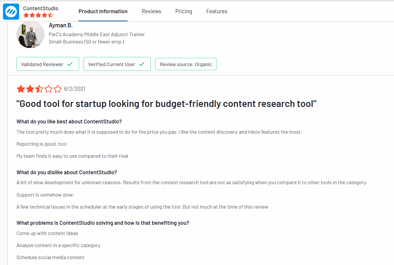 ContentStudio Review on G2