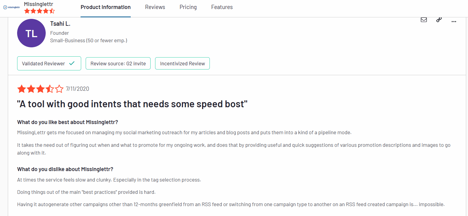 MissingLettr Review on G2