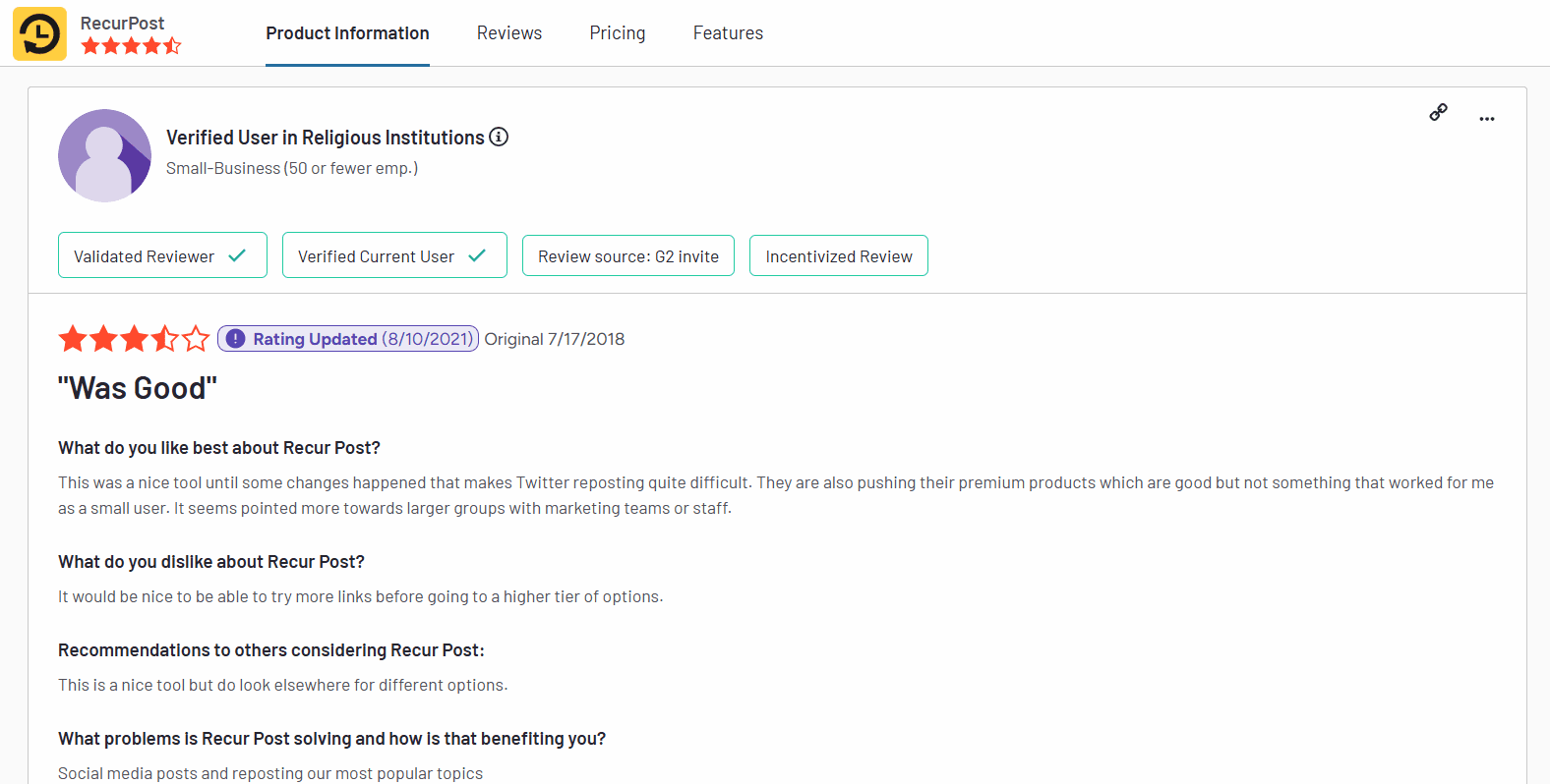 RecurPost Review on G2