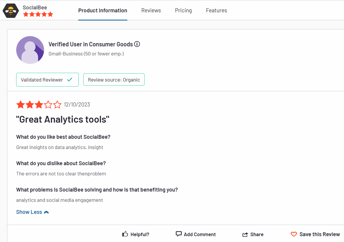 Socialbee Review on G2