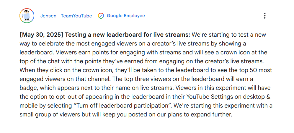 YouTube Experiments With Gamified Livestream Engagement 1 YouTube's Official Statement