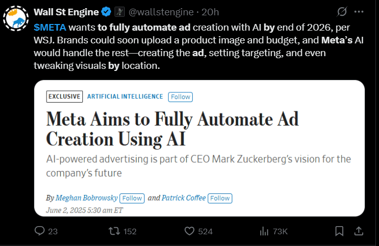 Meta to Replace Human-Created Ads With AI by 2026 1 Wall St Engine’s Tweet on Meta’s Aim to Replace Human-Created Ads