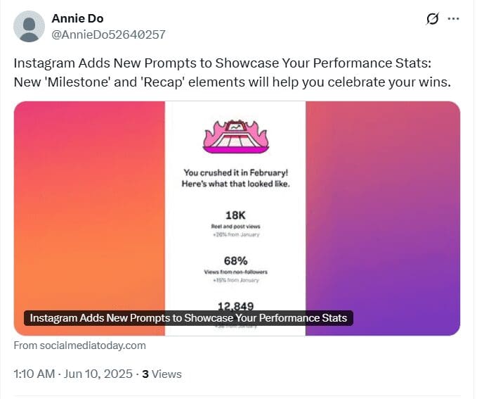Instagram Adds New Tools to Showcase Creator Stats and Milestones 1 A Tweet on X Showing Instagram’s New Feature