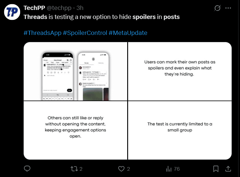 Threads Launches Spoiler Tags to Let Users Hide Sensitive Content in Posts 1 A Tweet on Threads Spoiler Tags