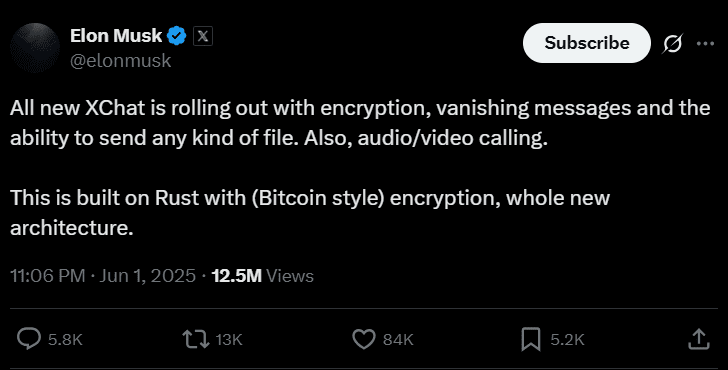 Elon Musk Launches XChat: A New Era of Secure Messaging on X 1 Elon Musk's Tweet on XChat