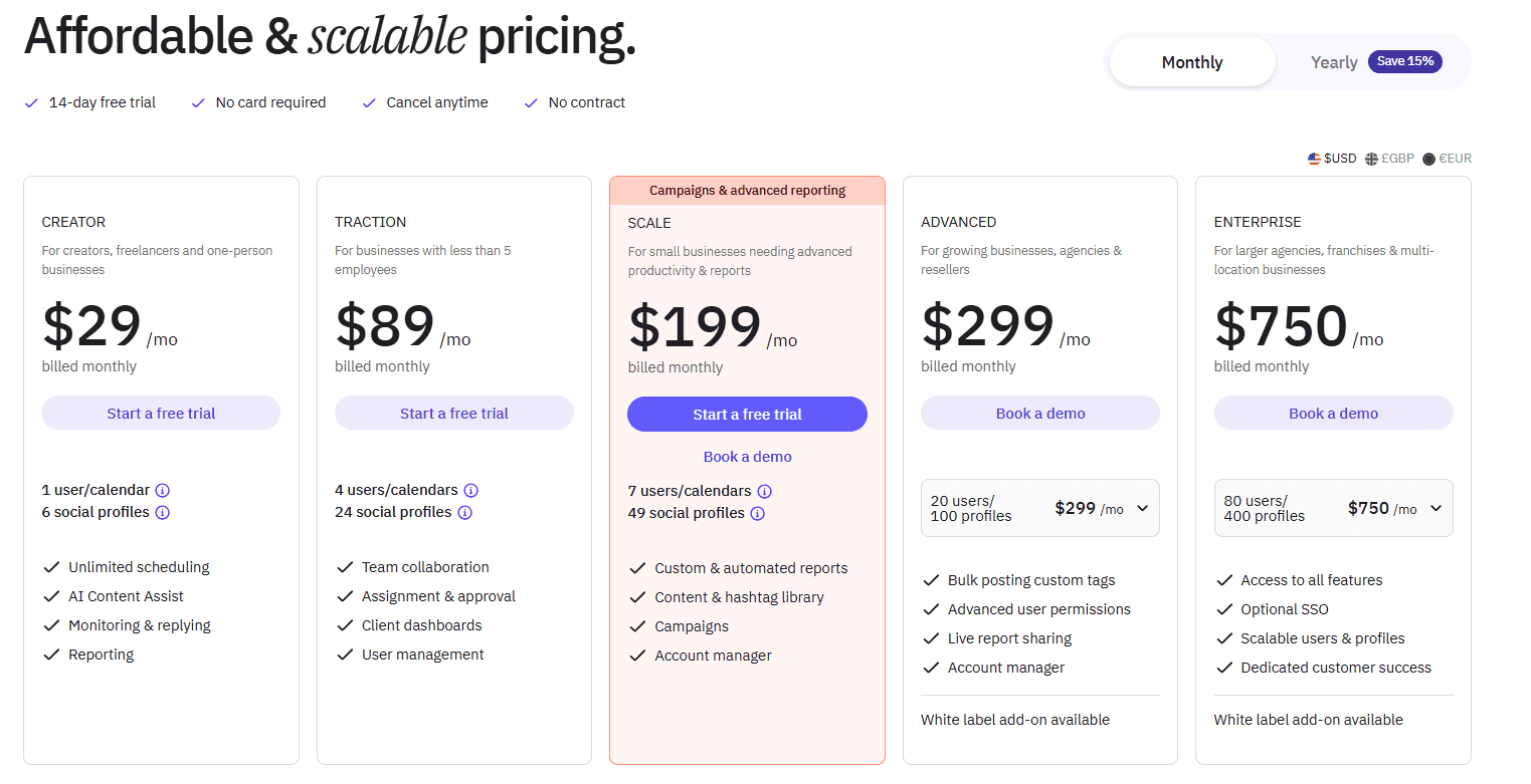 Sendible's Pricing Plans