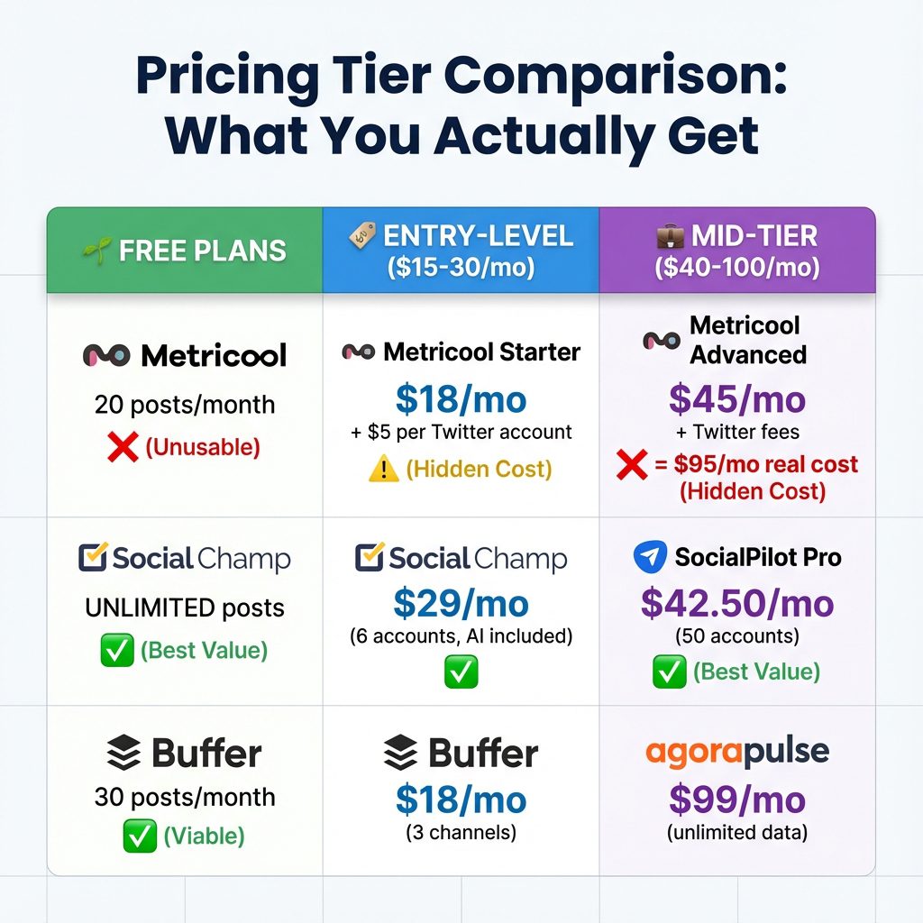 Pricing tier comparison showing Metricool vs alternatives across free, entry, and mid-tier plans