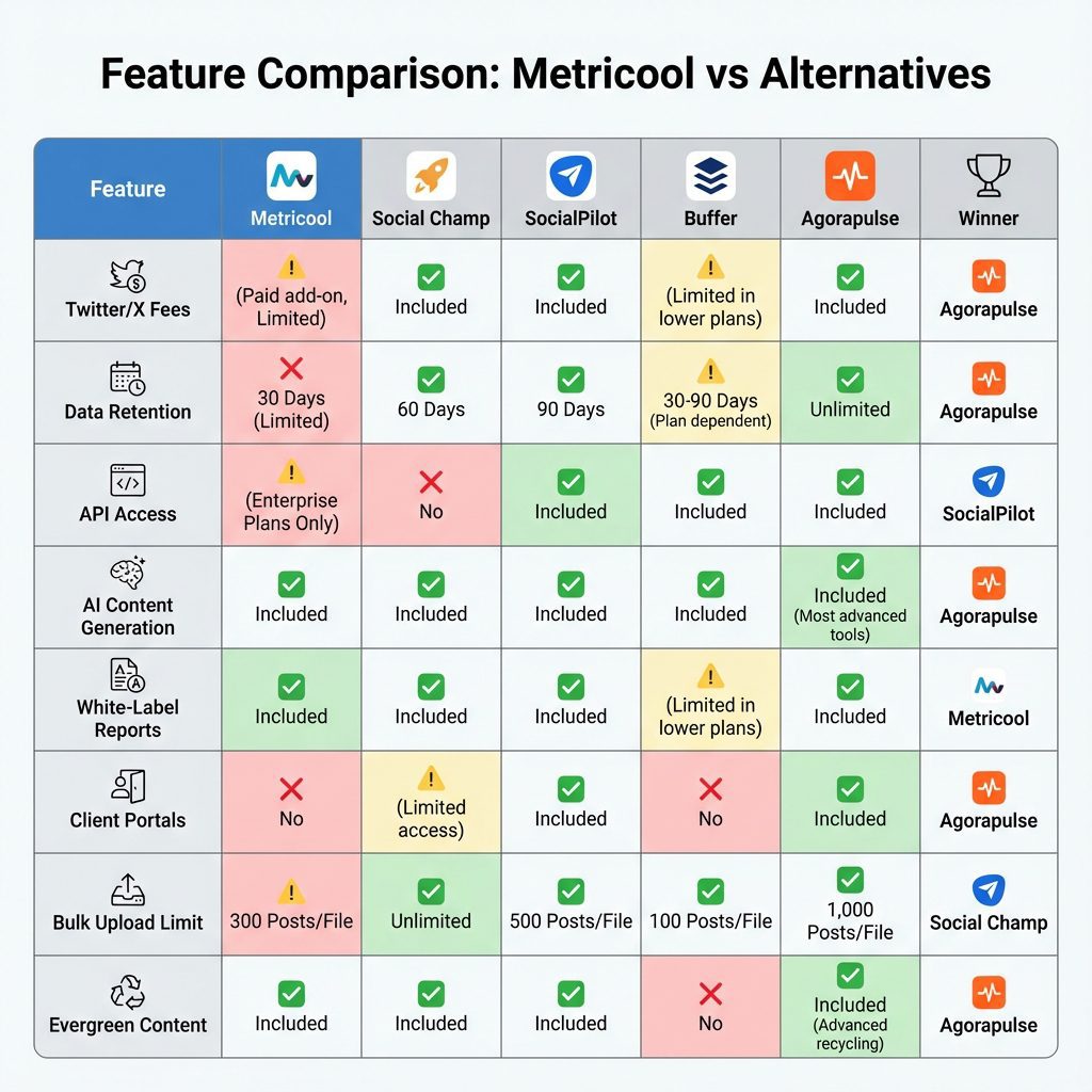 Feature comparison matrix showing Metricool gaps in Twitter fees, API access, and AI capabilities