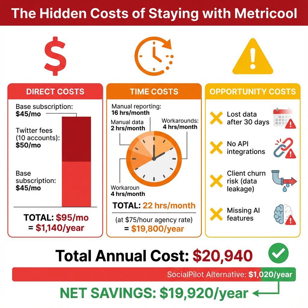 Hidden costs breakdown showing the true cost of staying with Metricool
