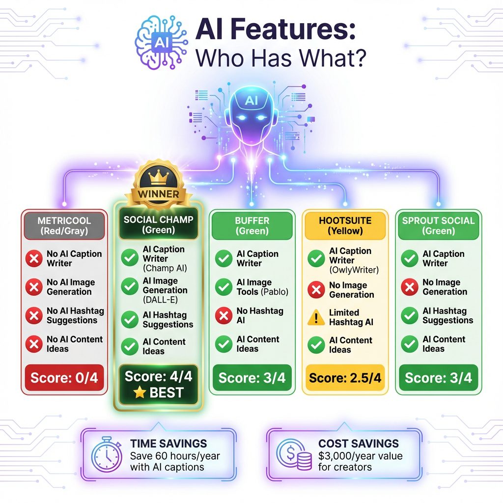 AI features comparison showing Metricool has zero AI tools vs competitors