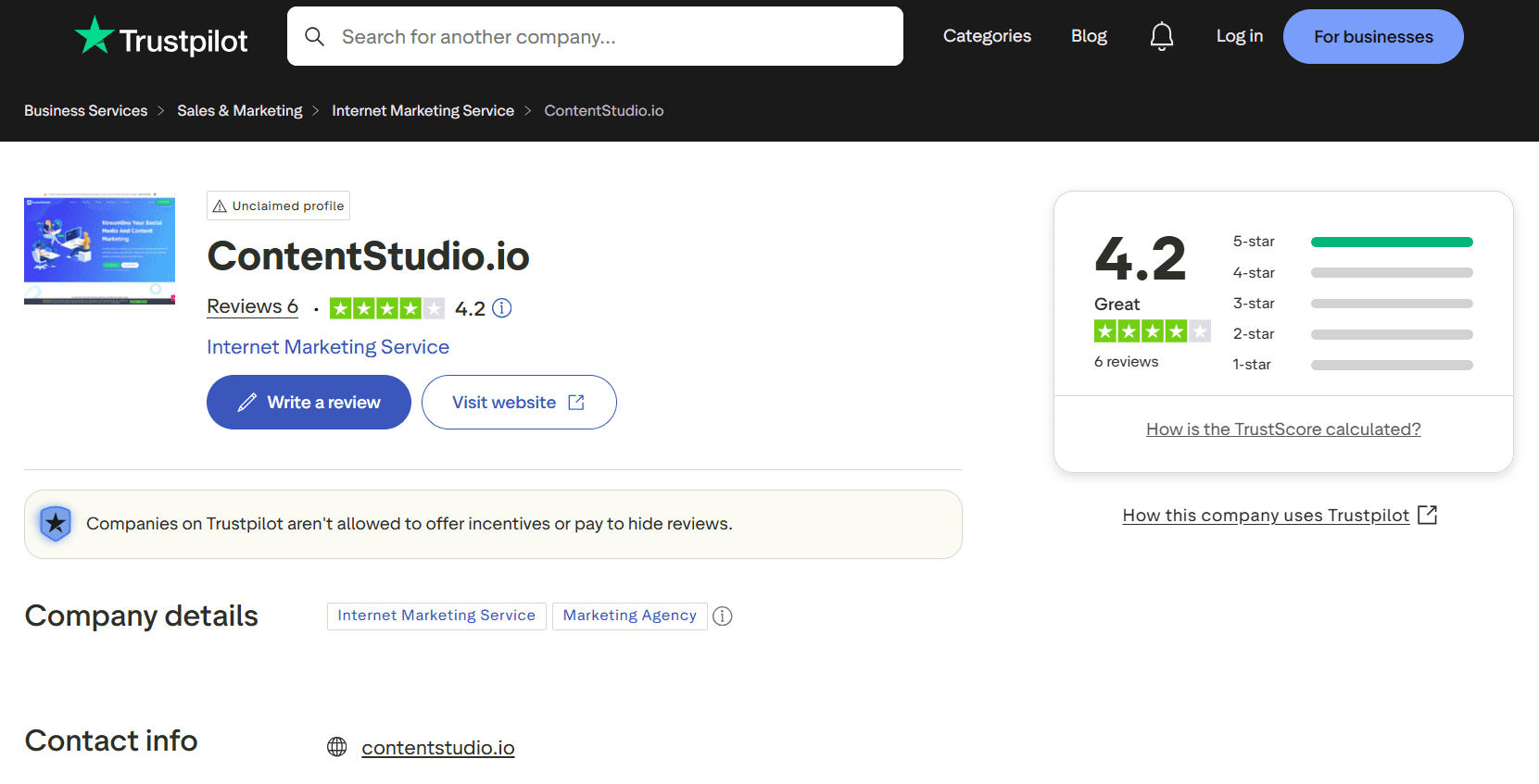ContentStudio’s Rating on Trustpilot
