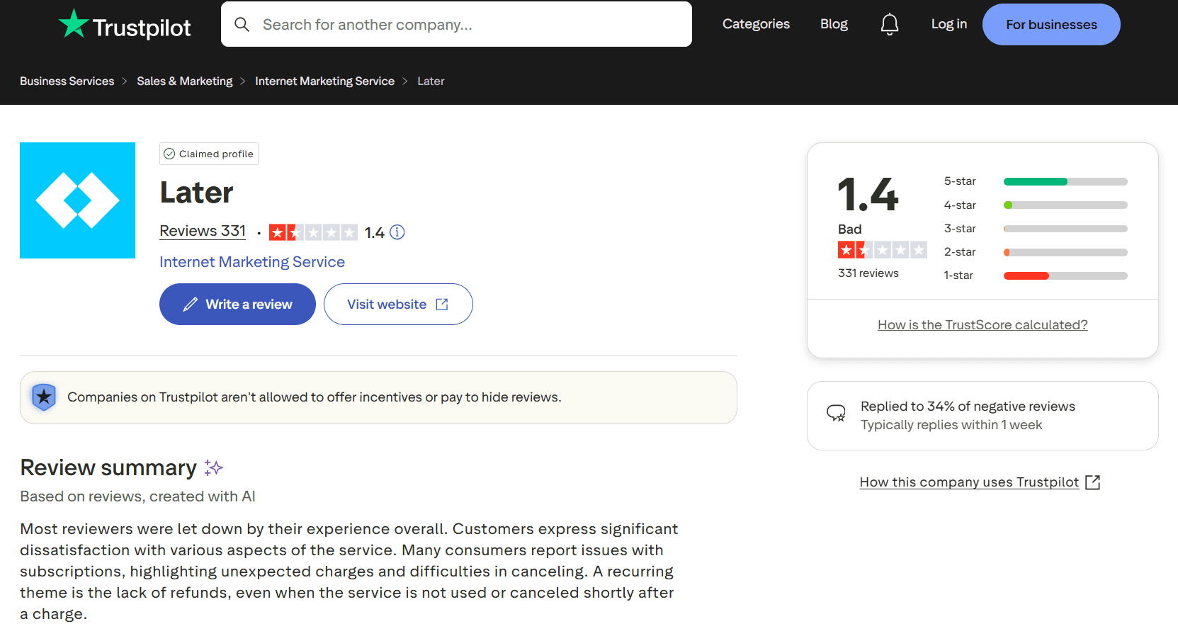 Later’s Rating on Trustpilot