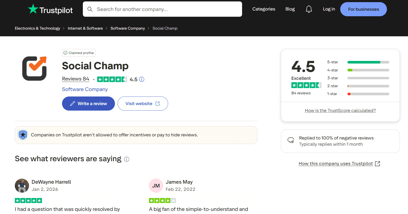 Social Champ’s Rating on Trustpilot
