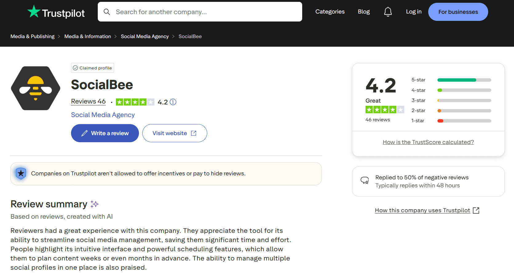 SocialBee’s Rating on Trustpilot