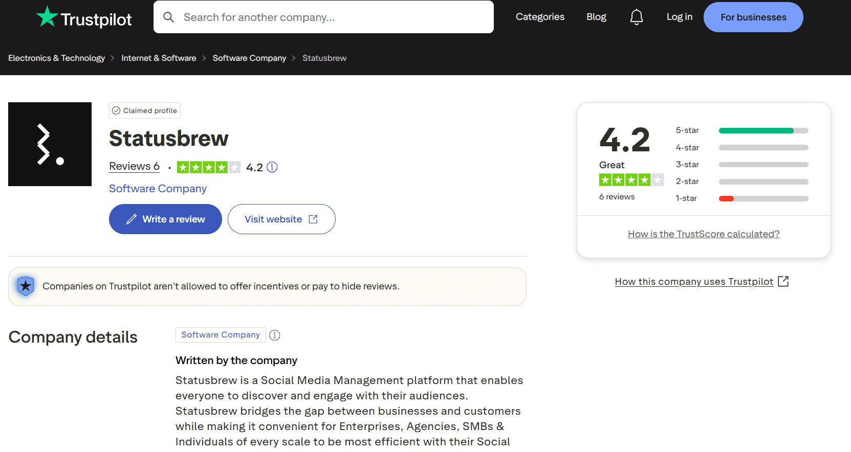 Statusbrew’s Rating on Trustpilot