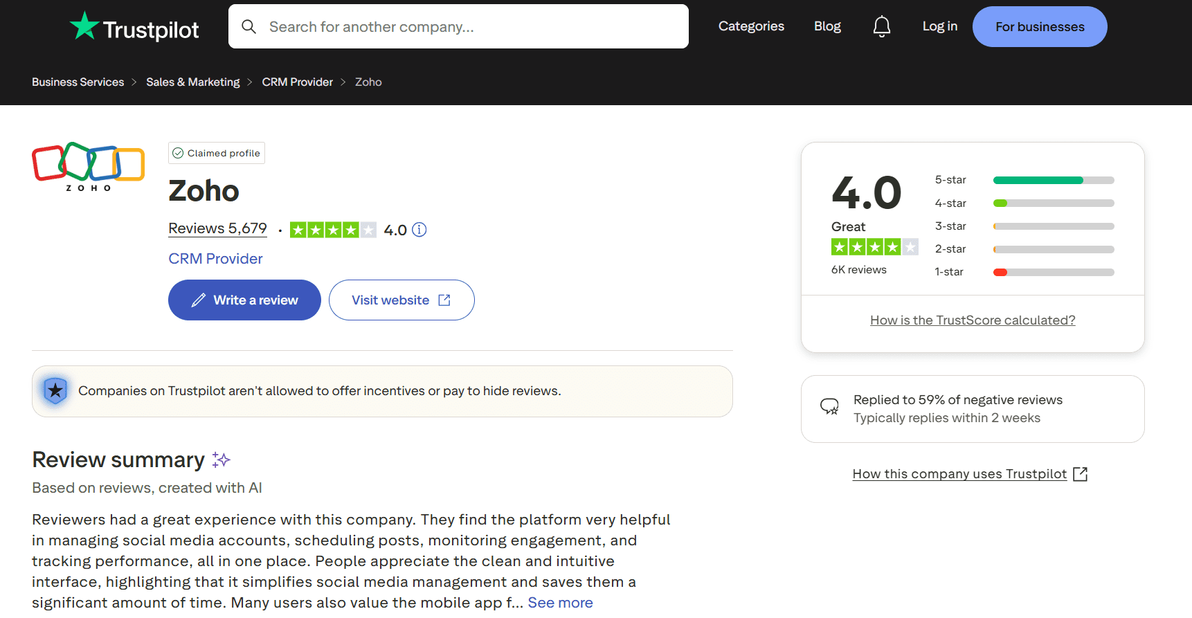 Zoho Social Rating on Trustpilot